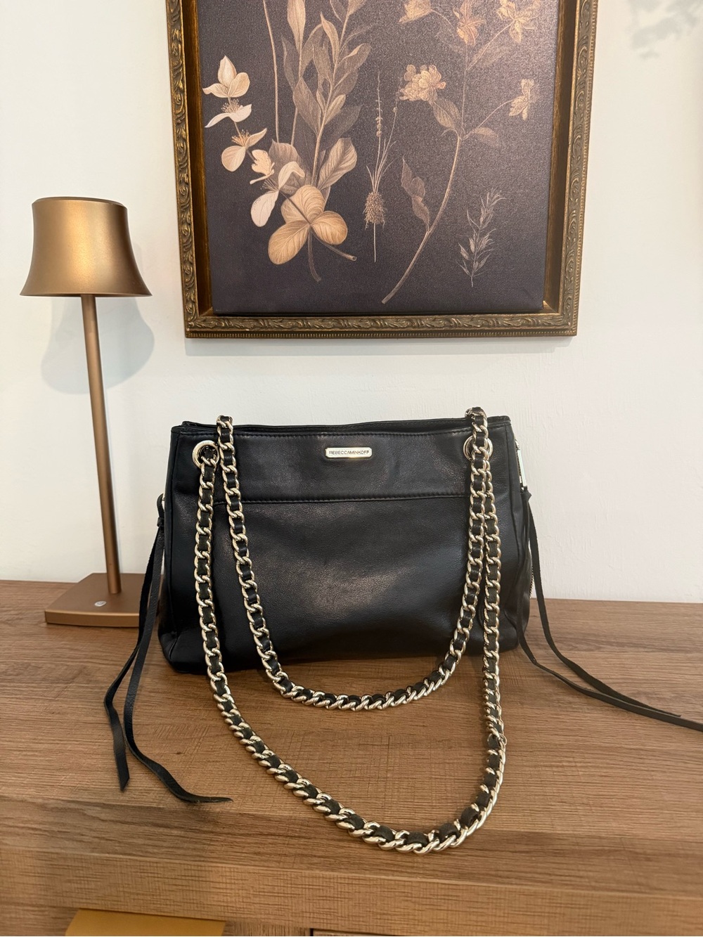 Rebecca Minkoff Black Leather Shoulder Bag with Gold Chain Straps
